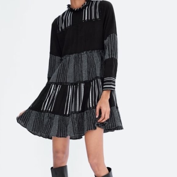 Zara Black White Patchwork Boho Dress - Picture 3 of 8